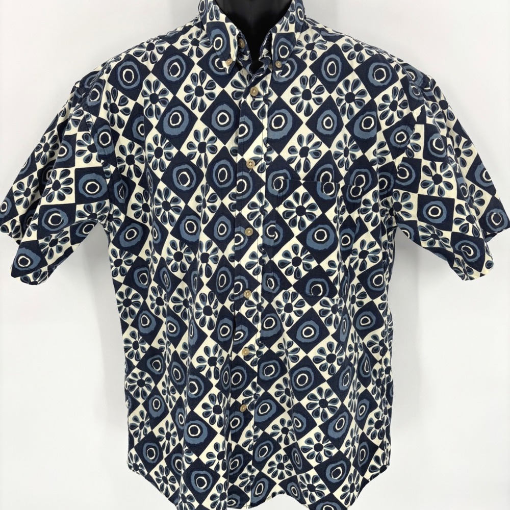 Natural Issue Mens Medium Blue Geometric Floral Tile Print Short Sleeve Shirt